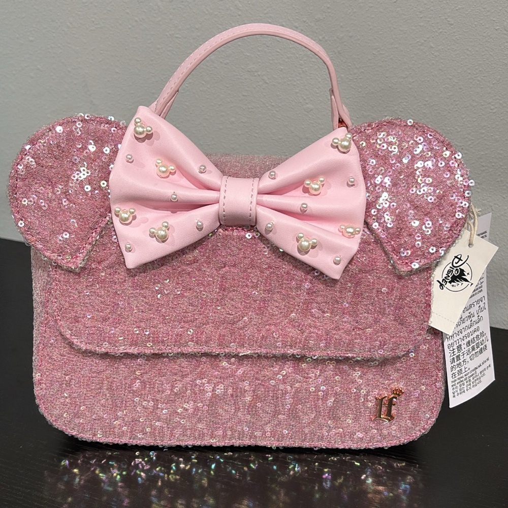 Disney Parks Pink Sequin Loungefly Handbag with Bow & Beaded Mickeys. NWT!!